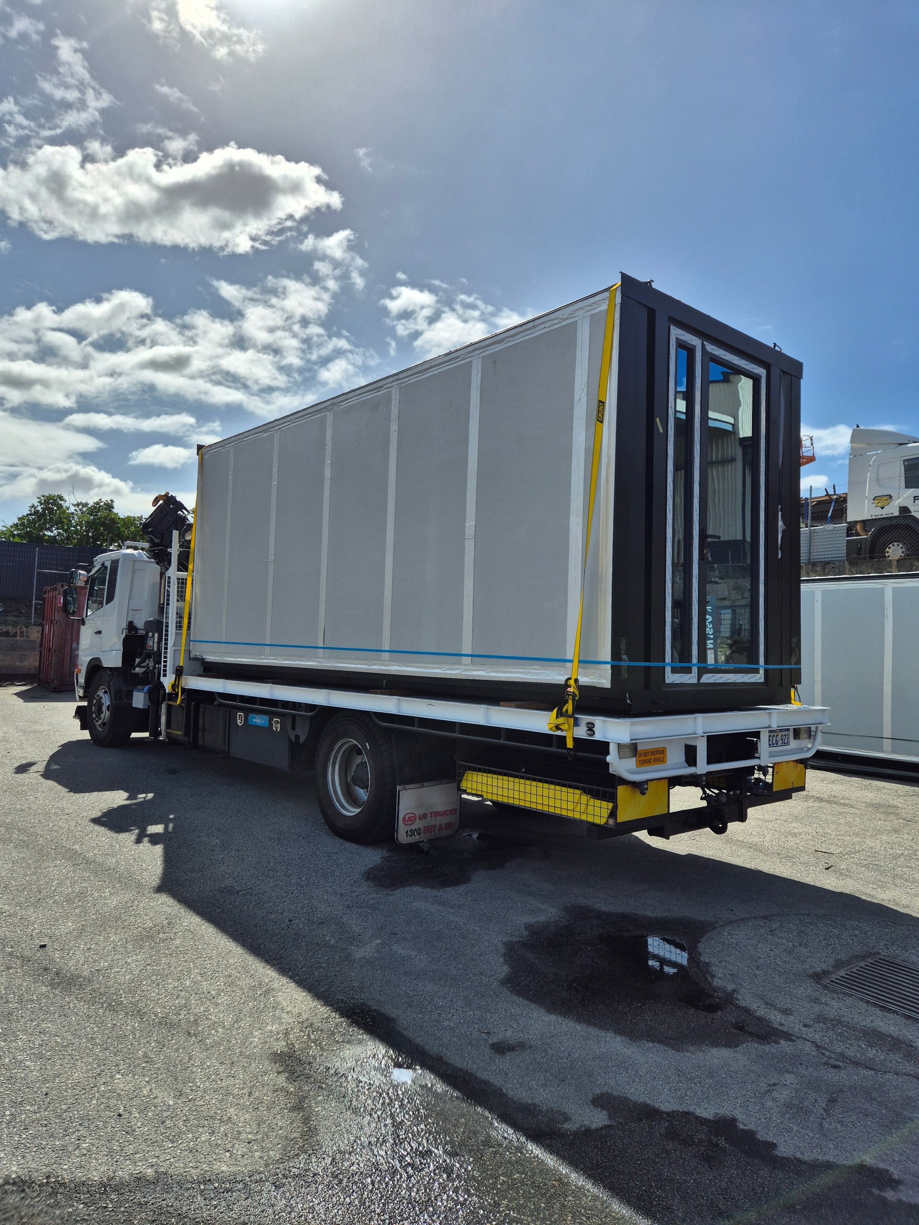 Susa Cranes HIAB — shed moves: portable buildings and site offices shifted across perth